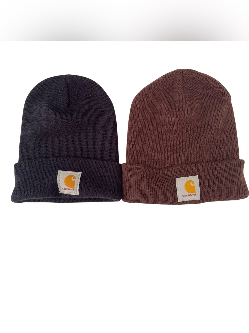 Carhartt Beanie Bundle of 2 Black Brown Cuffed Knit Watch Hat Logo Patch
